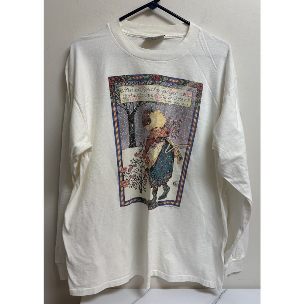 Vintage 90s Mary Engelbreit Winter Roses Long Sleeve Tee XL Stafford Blaine‎ USA